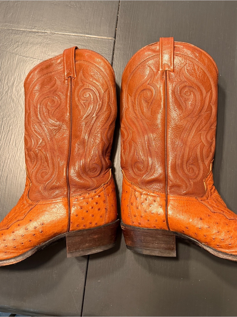 Tony Lama CZ906 Peanut Brittle Four Piece Ostrich Cowboy Boots. Two Tone Sz 10